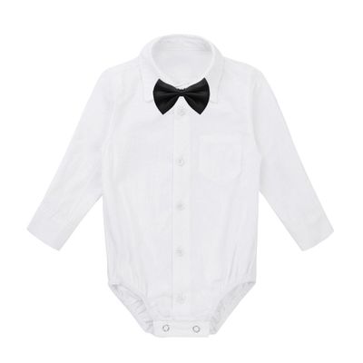 QinCiao Infant Baby Boys Long/Short Sleeve Rompers Little Gentleman Wedding Birthday Party Button Down Shirt Bodysuit White&Black with Bow Tie Long Sleeves 9 Months