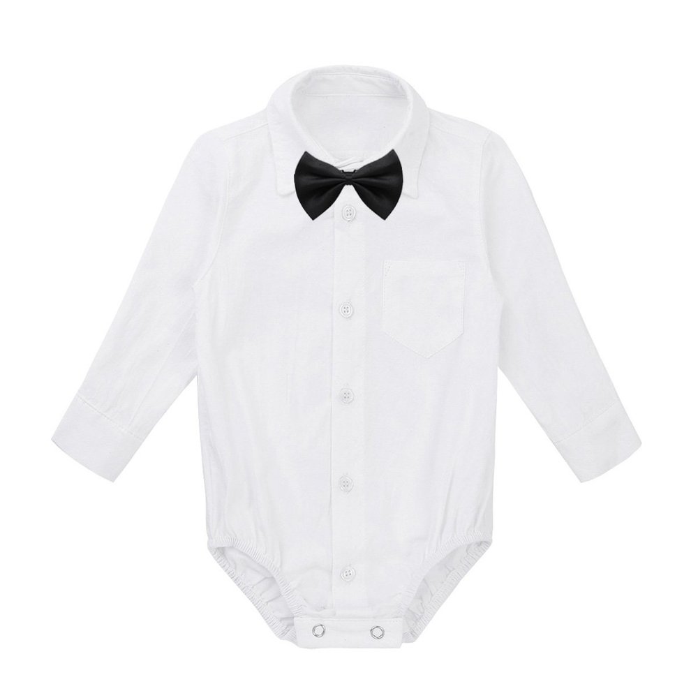 QinCiao Infant Baby Boys Long/Short Sleeve Rompers Little Gentleman Wedding Birthday Party Button Down Shirt Bodysuit White&Black with Bow Tie Long Sleeves 9 Months