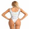 QinCiao Women's Wet Look Leather One Piece Leotard Solid Tank Swimsuit Thongs Swimwear Silver Large view 3