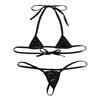 Aislor 2Pcs Women's Shiny Metallic Mini Bikini Set Halter Tie-on Bra Top with G-String Swimsuit Black One Size view 4