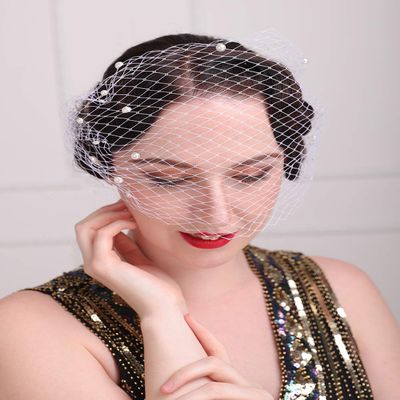 Aimimier Bridal Short Veil with Pearl Comb White Single-layered Birdcage Veil for Wedding (White)