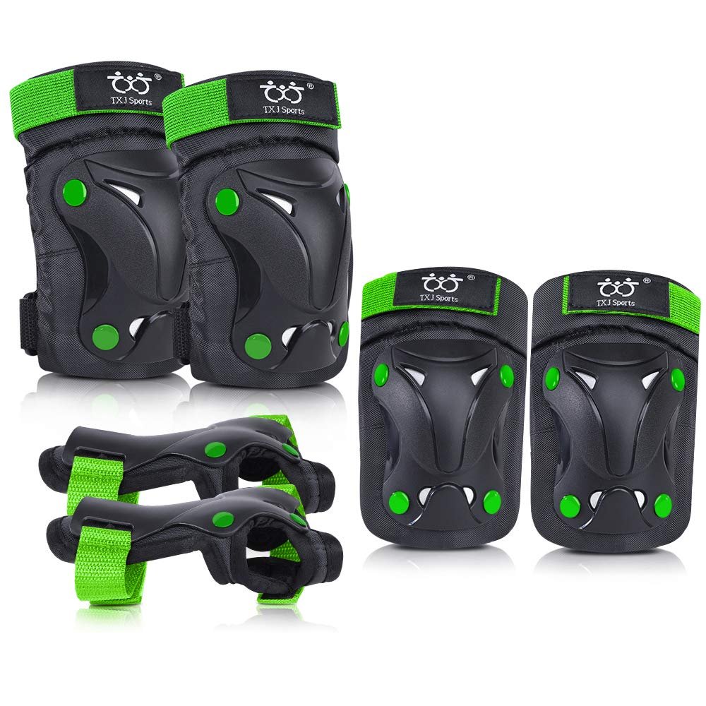 boruizhen Kids/Youth Knee and Elbow Pads with Wrist Guards Protective Gear Set for Skating Skateboarding Cycling Biking Scooter and Multi Sports (Black/Green, Small (3-7 Years))