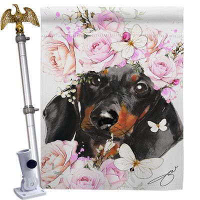 Breeze Decor Dachshund Floral House Flag Eagle Set Dog Puppy Spoiled Paw Canine Fur Pet Nature Farm Animal Creature Decoration Banner Small Garden Yard Gift Double-Sided, Made in USA