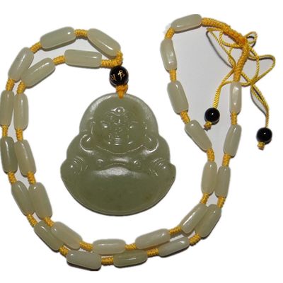 2" China Certified Nature Hetian Nephrite Jade Laughing Buddha Hand Carved Necklace Pendant 5743