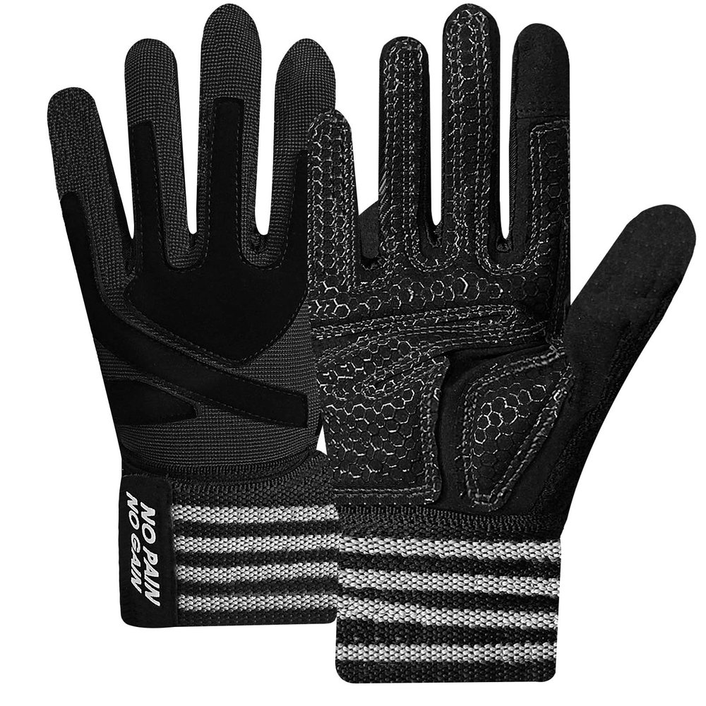 FINGER TEN Weightlifting Workout Gloves Full Finger with Wrist Strap Support, Padded Grip for Weight Lifting Gym Fitness Exercise Training Men Male (Full-Black, Small)