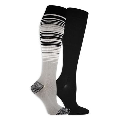 Dr. Scholl's Womens Graduated Compression Knee High - 1 & 2 Pair Packs Energizing Comfort And Fatigue Relief Sock, Black Solid/Gray Stripe, 4-10 US