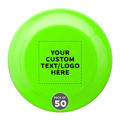 DISCOUNT PROMOS Custom Frisbees 9.25 inch. Set of 50, Personalized Bulk Pack - Fun Outdoor Games for Adults and Family - Neon Green