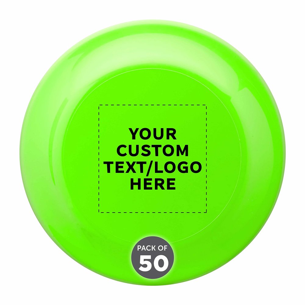 DISCOUNT PROMOS Custom Frisbees 9.25 inch. Set of 50, Personalized Bulk Pack - Fun Outdoor Games for Adults and Family - Neon Green