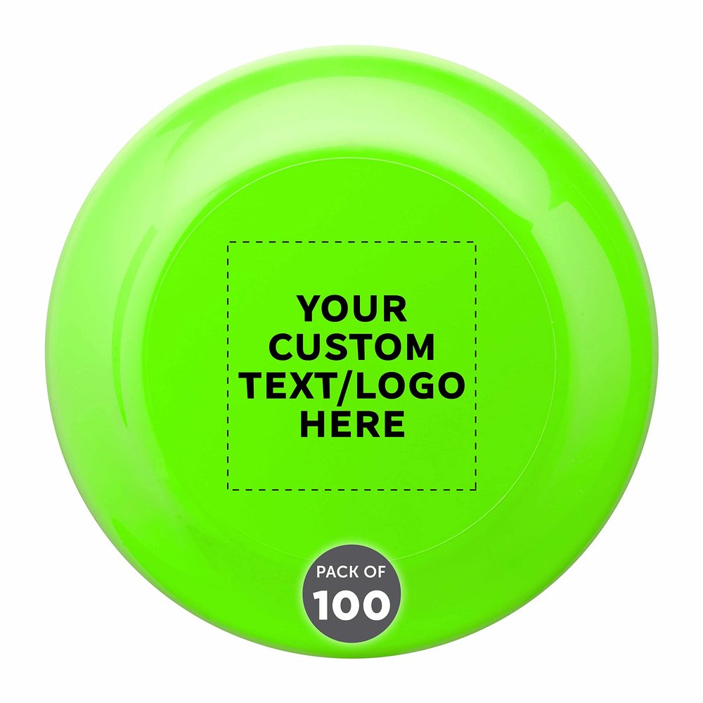 DISCOUNT PROMOS Custom Frisbees 9.25 inch. Set of 100, Personalized Bulk Pack - Fun Outdoor Games for Adults and Family - Neon Green