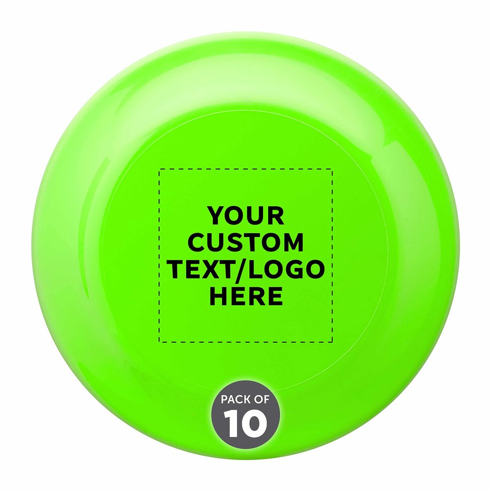 DISCOUNT PROMOS Custom Frisbees 9.25 inch. Set of 10, Personalized Bulk Pack - Fun Outdoor Games for Adults and Family - Neon Green