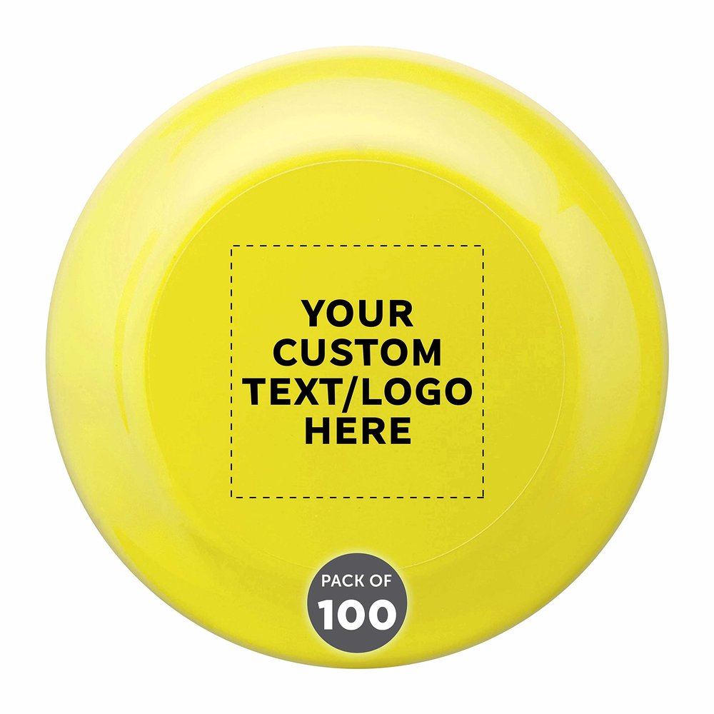 DISCOUNT PROMOS Custom Frisbees 9.25 inch. Set of 100, Personalized Bulk Pack - Fun Outdoor Games for Adults and Family - Yellow