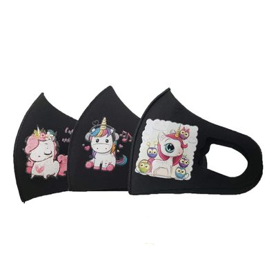 Kids Character Unicorn Reuseable Face Covering with Valve, Set of 3 Black (Pink Unicorn)