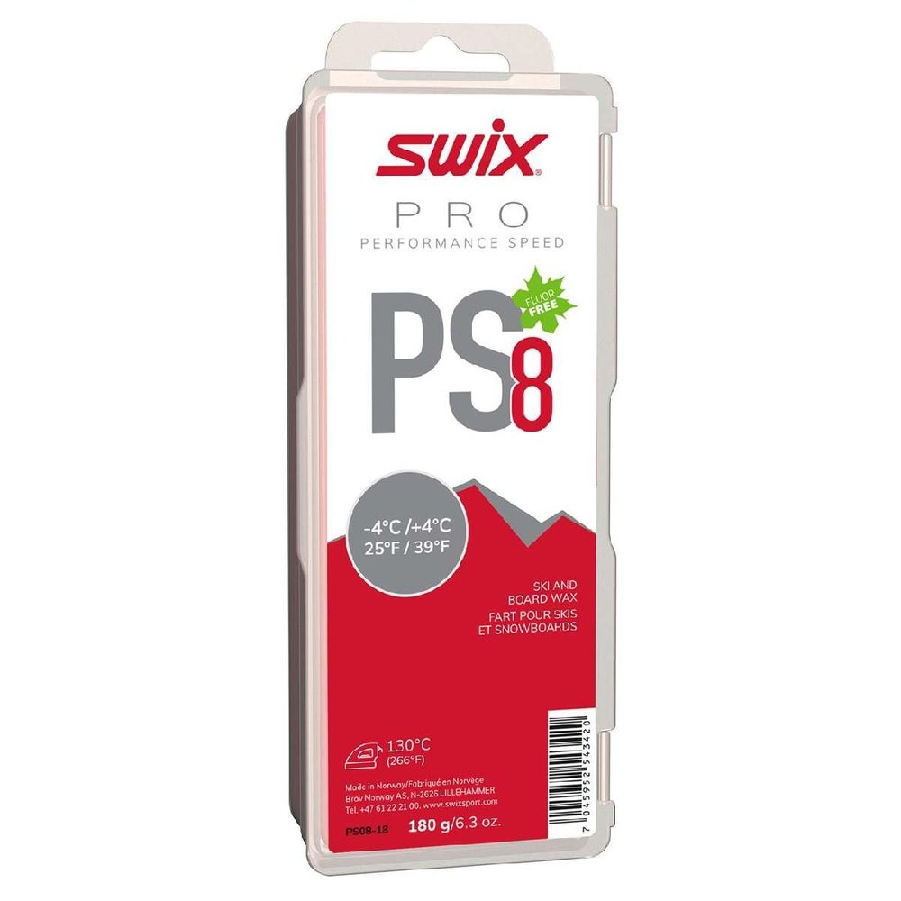 Swix PRO Speed Wax - PS8 Red 25 to 39 Degrees Fahrenheit - 180g Bar - Fluoro Free - Ski or Snowboard