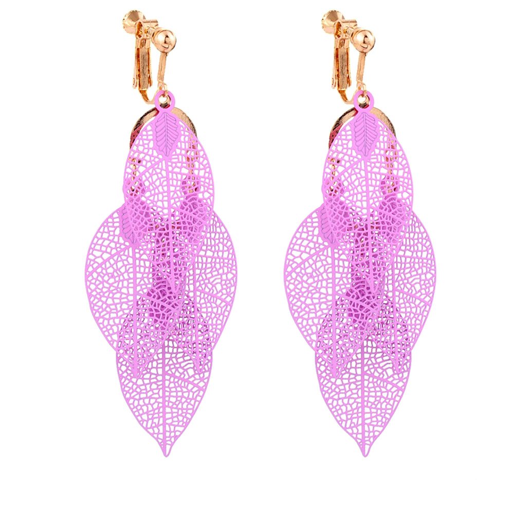 Grace Jun Handmade Multi-layer Leaf Shape Clip on Earrings No Pierced for Women (Gold Rose Red Clip-ons)