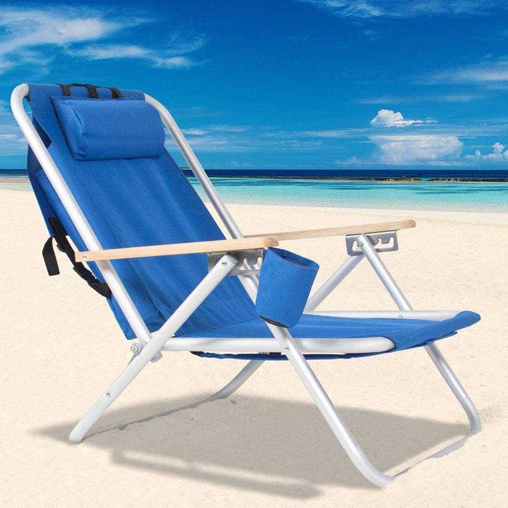 MISC Portable High Strength Beach Chair with Adjustable Headrest Blue Polyester Folding