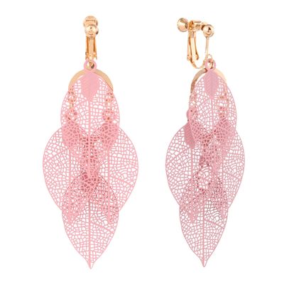 Grace Jun New Handmade Multi-layer Leaf Shape Clip on Earrings No Pierced for Women (Gold Pink Clip-ons)