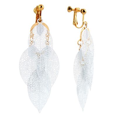 Grace Jun Handmade Multi-layer Leaf Shape Clip on Earrings No Pierced for Women (Gold White Clip-ons)