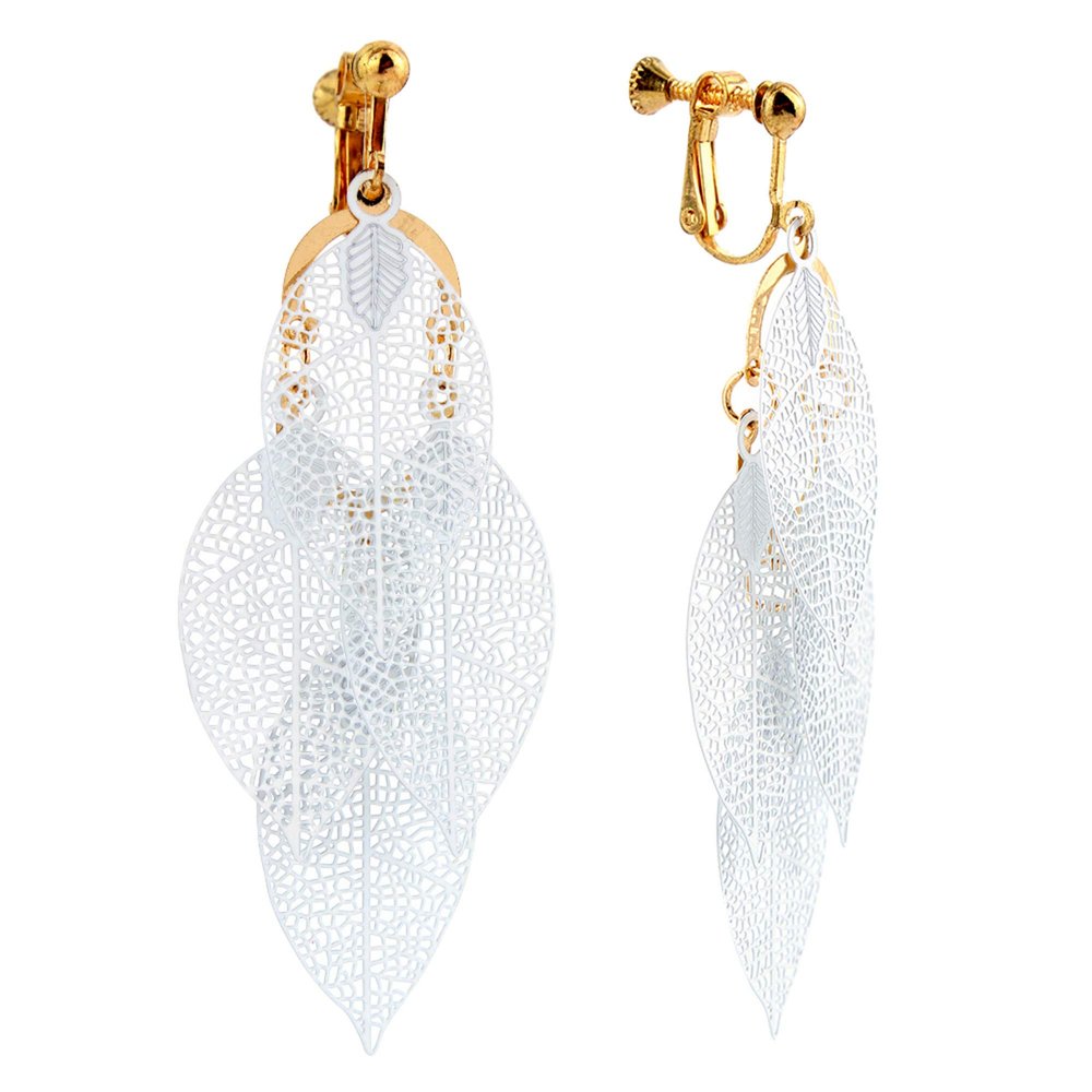 Grace Jun Handmade Multi-layer Leaf Shape Clip on Earrings No Pierced for Women (Gold White Clip-ons)
