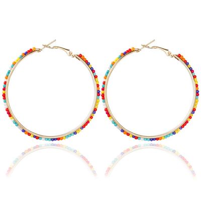 50mm Bohemian Colorful Beaded Hoop Earrings for Women - Rainbow Beads Circle Hoop Earrings Jewelry