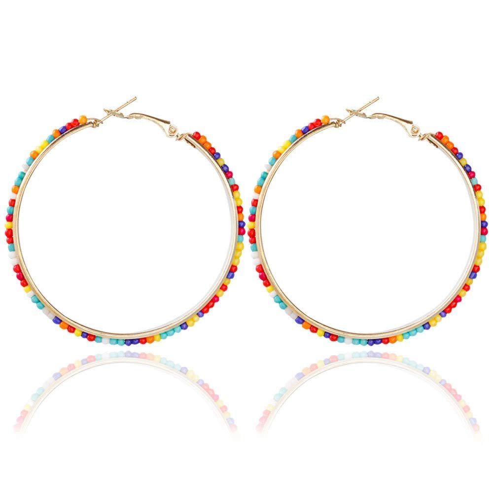 50mm Bohemian Colorful Beaded Hoop Earrings for Women - Rainbow Beads Circle Hoop Earrings Jewelry