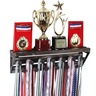 J JACKCUBE DESIGN Rustic Trophy Display Shelf with Medal Hangers, Wall Mount Display Shelf with 13 Hooks for Sports Award Medals Trophies - MK670A