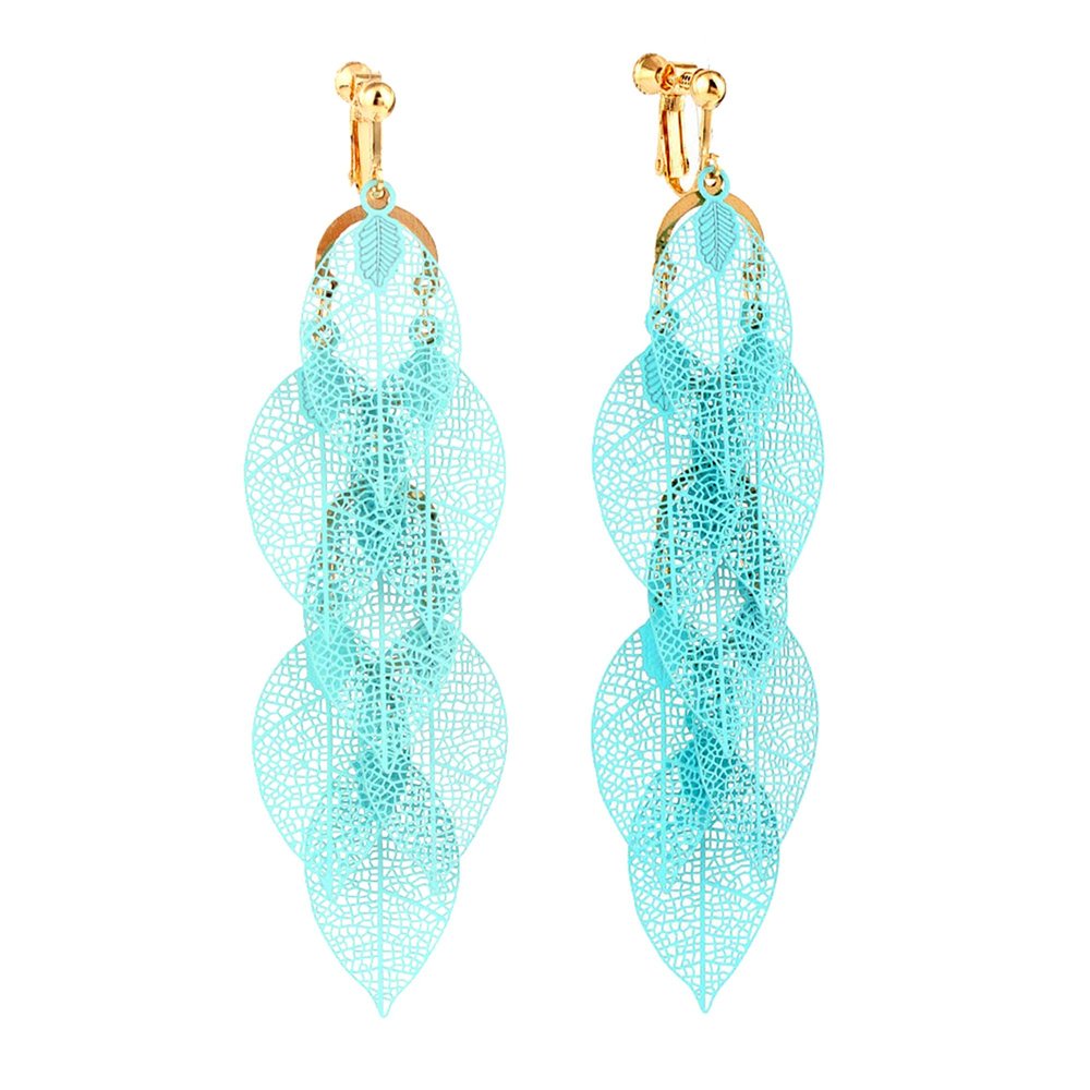 Grace Jun Handmade Multi-layer Dangle Drop Earrings and Clip on Earrings No Pierced for Women (Gold Sky Blue Clip-ons 7 Leaf)