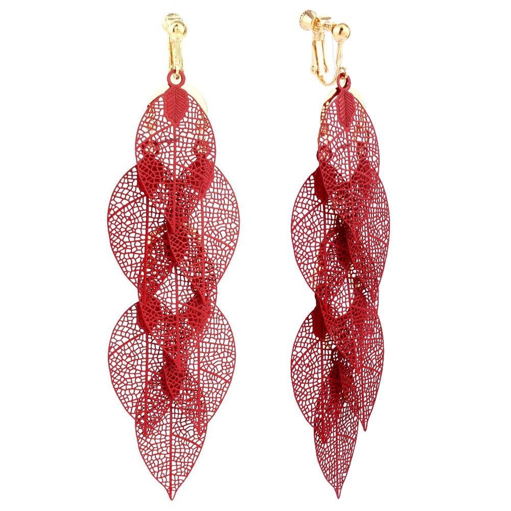 Grace Jun Handmade Multi-layer Dangle Drop Earrings and Clip on Earrings No Pierced for Women (Gold Red Clip-ons 7 Leaf)