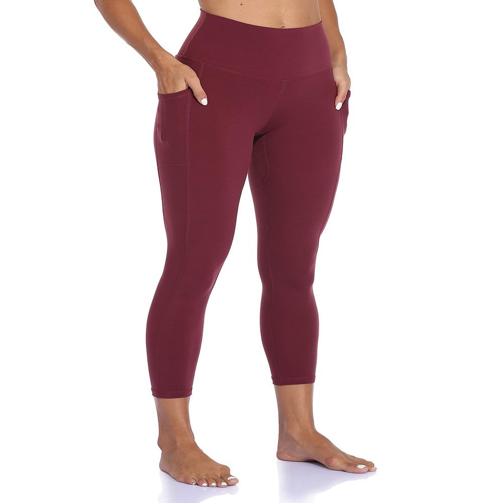 Colorfulkoala Women's High Waisted Tummy Control Workout Leggings 7/8 Length Yoga Pants with Pockets (XS, Wine Red)
