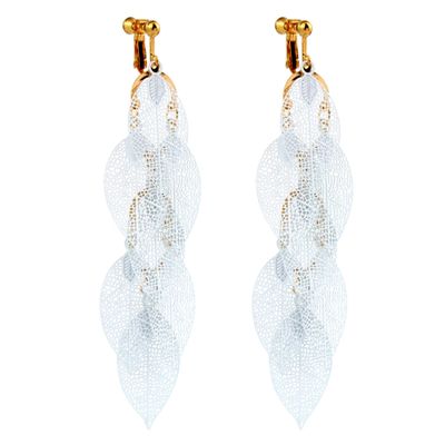 GRACE JUN Handmade Multi-layer White Enamel Dangle Drop Clip on Earrings No Pierced for Women (Gold White Clip-ons 7 Leaf)