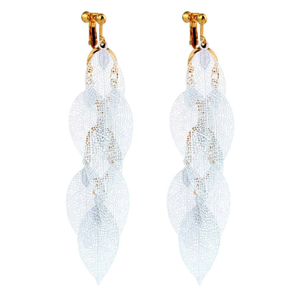 GRACE JUN Handmade Multi-layer White Enamel Dangle Drop Clip on Earrings No Pierced for Women (Gold White Clip-ons 7 Leaf)