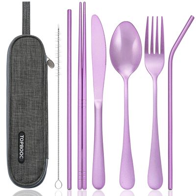 Portable Stainless Steel Flatware Set, Travel Camping Cutlery Set, Portable Utensil Travel Silverware Dinnerware Set with a Waterproof Case (Light Purple)