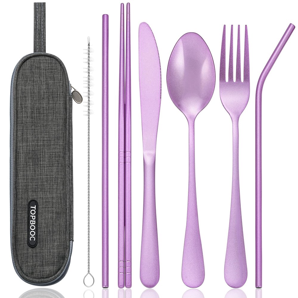 Portable Stainless Steel Flatware Set, Travel Camping Cutlery Set, Portable Utensil Travel Silverware Dinnerware Set with a Waterproof Case (Light Purple)