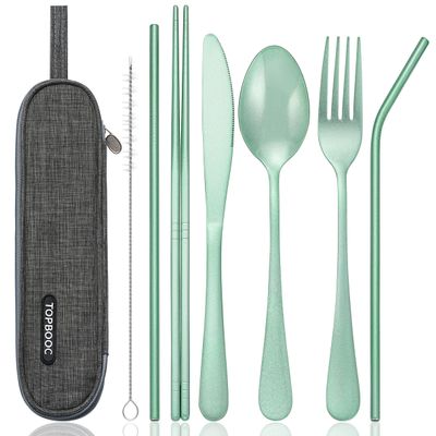 Portable Stainless Steel Flatware Set, Travel Camping Cutlery Set, Portable Utensil Travel Silverware Dinnerware Set with a Waterproof Case (Green)