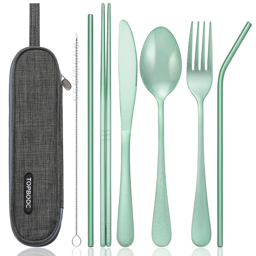 Portable Stainless Steel Flatware Set, Travel Camping Cutlery Set, Portable Utensil Travel Silverware Dinnerware Set with a Waterproof Case (Green)