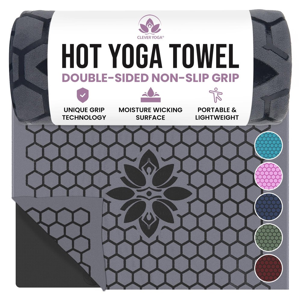 Clever Yoga Hot Yoga Mat Towel Non-Slip Grip for Hot Yoga, Sweat Absorbent, Honeycomb Silicone Grip, Stays Flat Ideal for Pilates, Travel, Washable & Lightweight - Gray