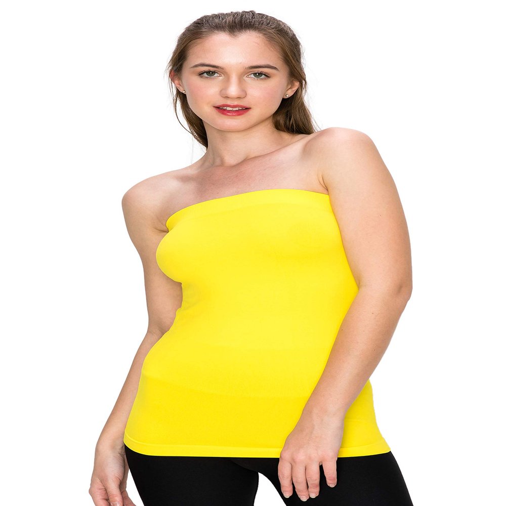 Kurve Womens Strapless Tube Top - Long Length Seamless Bandeau Stretch Sexy Cami Tops, UV Protective Fabric UPF 50+ (Made in USA), Yellow, X-Small/Medium