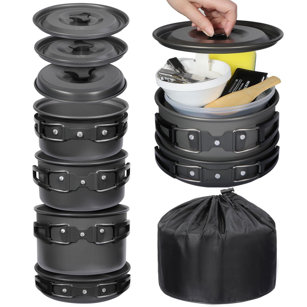 REDCAMP 19 PCS Camping Cookware Mess Kit Camping Gear Campfire Utensils Lightweight Stackable Pot Pan Bowls Soup Spoon with Storage Bag for Camping, Backpacking, Outdoor Cooking and Picnic, Black