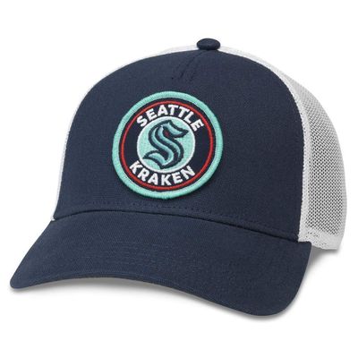 AMERICAN NEEDLE Seattle Kraken Officially Licensed NHL Valin Adjustable Snapback Trucker Baseball Hat, White/Navy (42962C-SEK-WHNV)