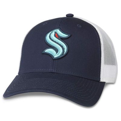 AMERICAN NEEDLE Seattle Kraken Officially Licensed NHL Back Range Adjustable Snapback Trucker Baseball Hat, White/Navy (21003A-SEK-WHNV)