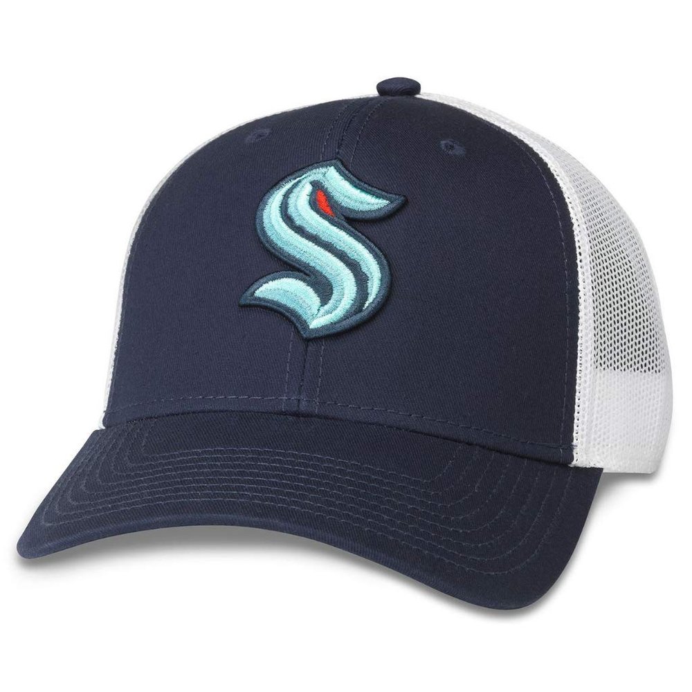 AMERICAN NEEDLE Seattle Kraken Officially Licensed NHL Back Range Adjustable Snapback Trucker Baseball Hat, White/Navy (21003A-SEK-WHNV)