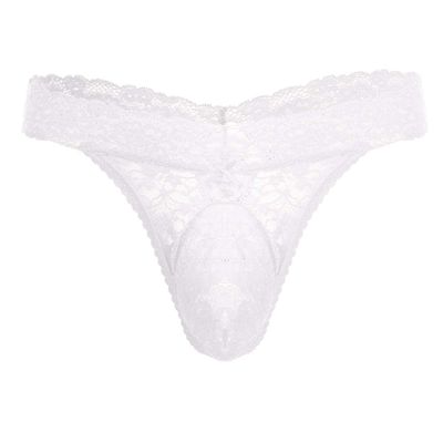 Men's Lace Frilly Sissy Thong Panties Sheer Mesh Bikini Briefs T-back G-string Underwear White XX-Large