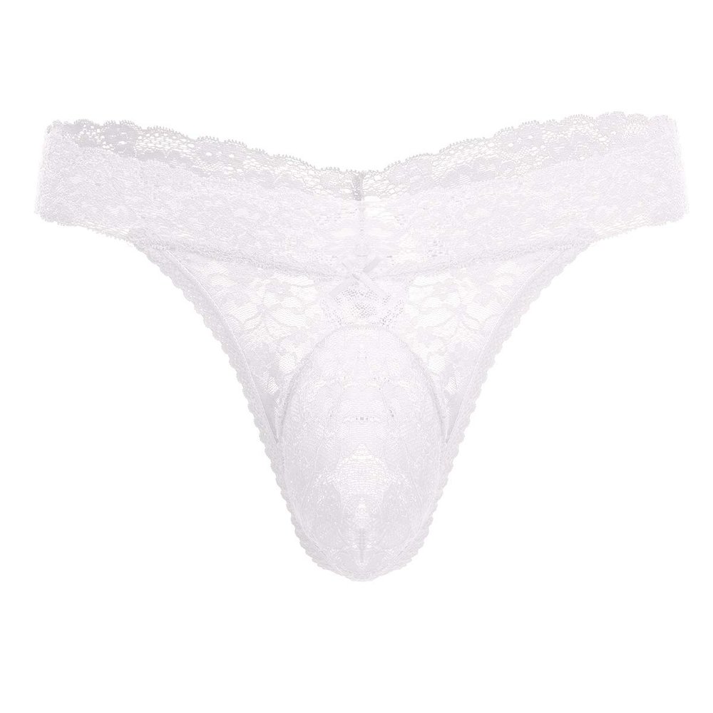Men's Lace Frilly Sissy Thong Panties Sheer Mesh Bikini Briefs T-back G-string Underwear White XX-Large