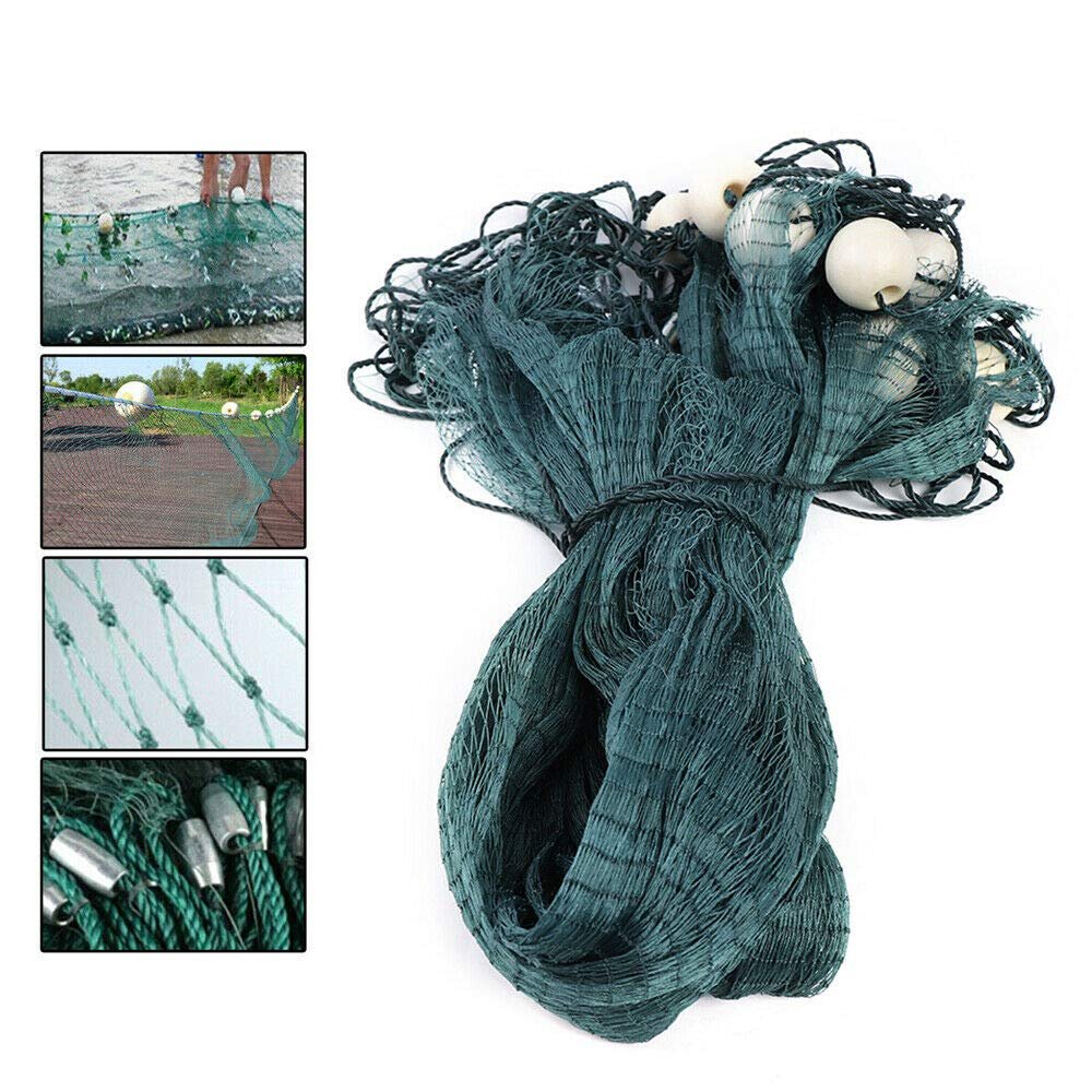 DYRABREST Green Fishing Gill Nets Hand Made Beach Seine Drag Nets Fishing Equipment Trammel Net with PVC Foam Float Bobbers and Lead Sinkers (2x10M(6.5x33FT))