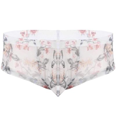 LiiYii Men's Sexy Sissy Pouch Panties Silk Transparent Bikini Briefs Flower Printed Underpants White&Type A Small