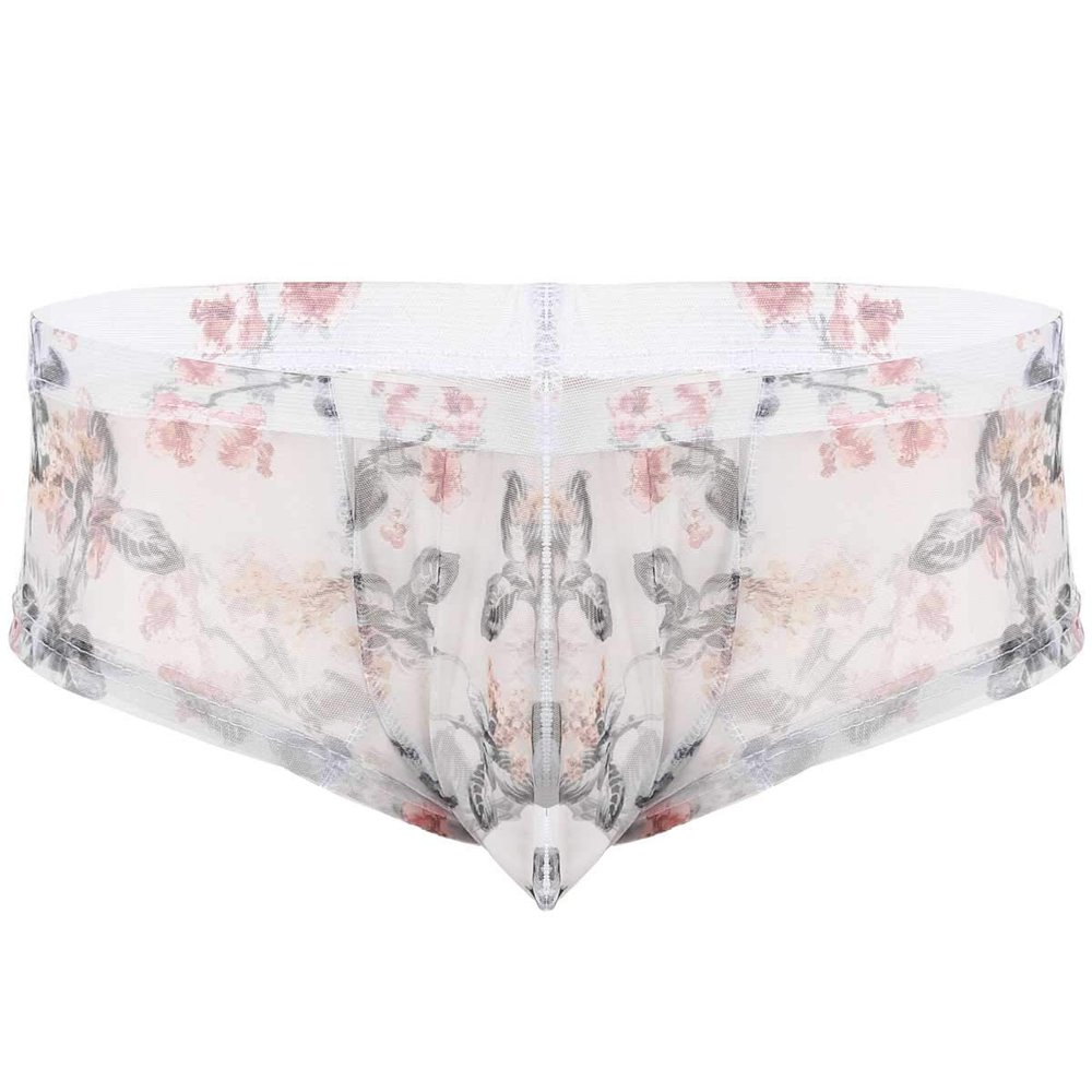 LiiYii Men's Sexy Sissy Pouch Panties Silk Transparent Bikini Briefs Flower Printed Underpants White&Type A Small