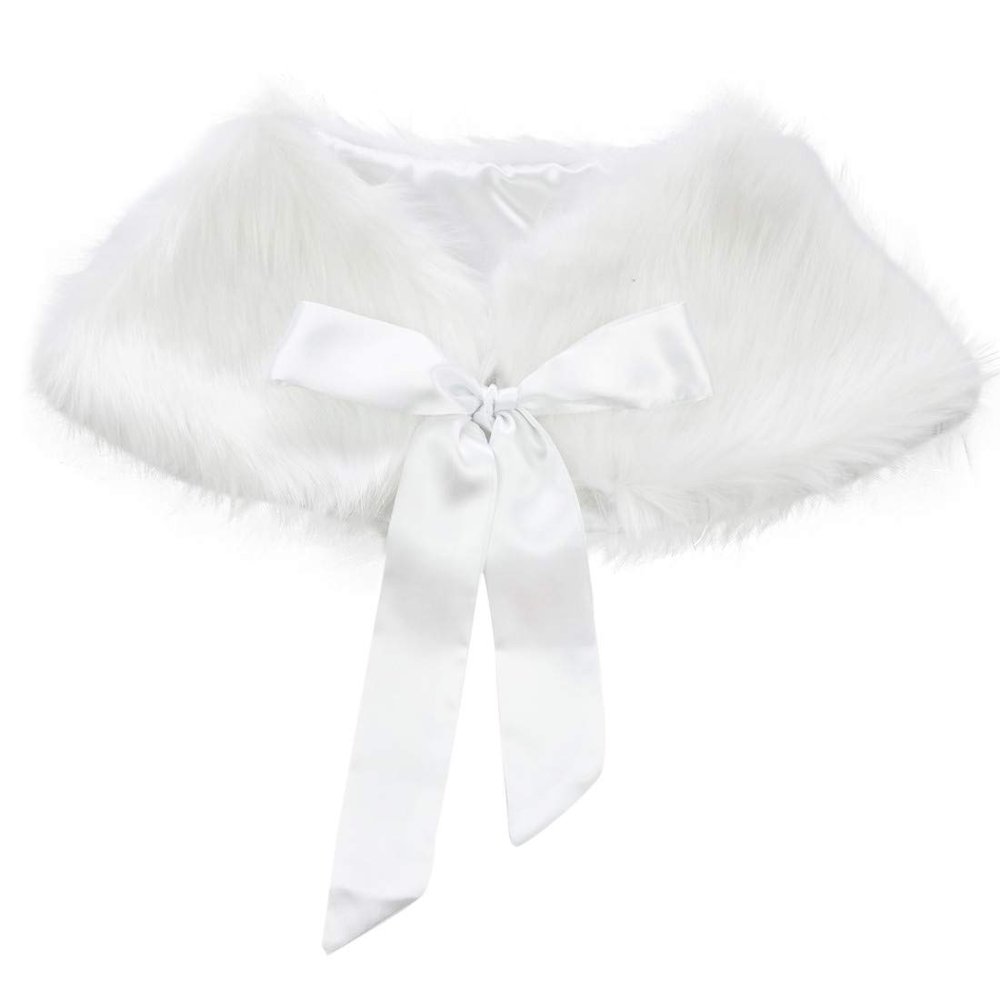 Hansber Kids Girls Faux Fur Bolero Shrug Tippet Stole Princess Cape Bow Should Cape for Formal Event White One_Size
