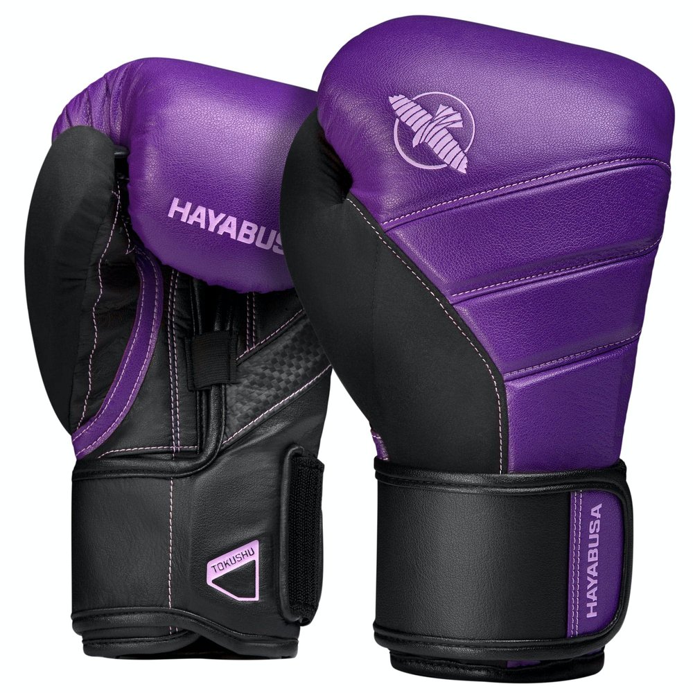 Hayabusa T3 Boxing Gloves for Men and Women Wrist and Knuckle Protection, Dual-X Hook and Loop Closure, Splinted Wrist Support, 5 Layer Foam Knuckle Padding - Purple/Black, 18 oz