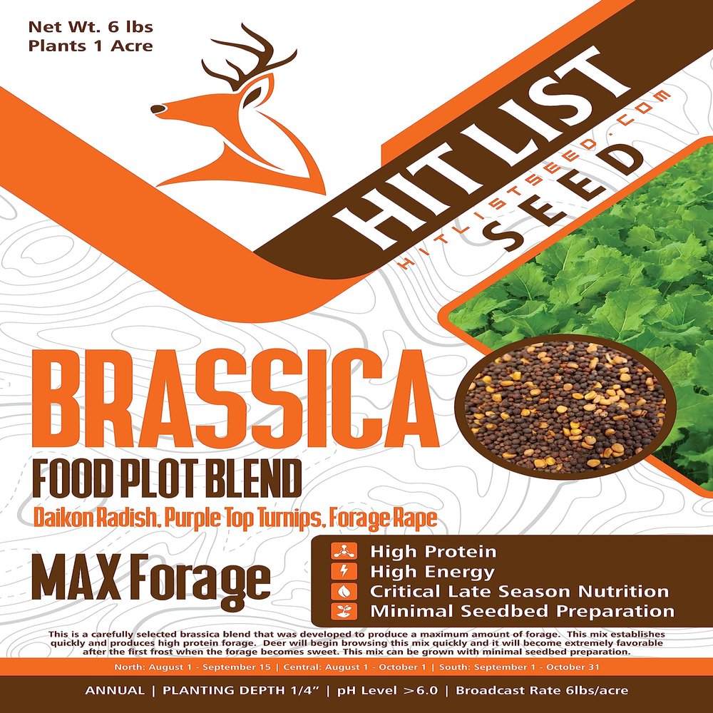 HIT LIST SEED Brassica Food Plot Seeds for Deer [Annual Mix] - Food Plot Seed Brassica - Deer Plot Seed Mix - Daikon Radish, Purple Top Turnips, Forage Brassica - Fall Planting - 6 lbs (1 Acre)