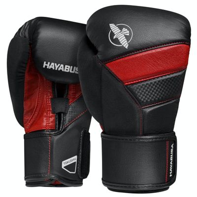 Hayabusa T3 Boxing Gloves for Men and Women Wrist and Knuckle Protection, Dual-X Hook and Loop Closure, Splinted Wrist Support, 5 Layer Foam Knuckle Padding - Black/Red, 18 oz