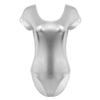 QinCiao Women Girls Short Sleeve Shiny Metallic Spandex Gymnastics Dance Leotard Bodysuit Silver Medium view 4